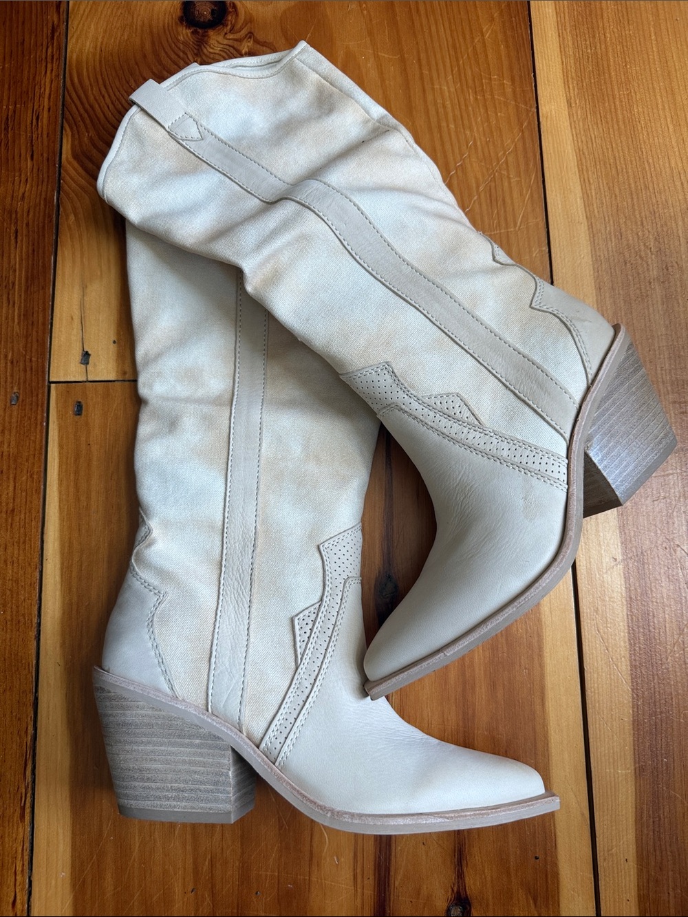 Dolce Vita Cream Mid-Calf Western Boot with Stacked Heel